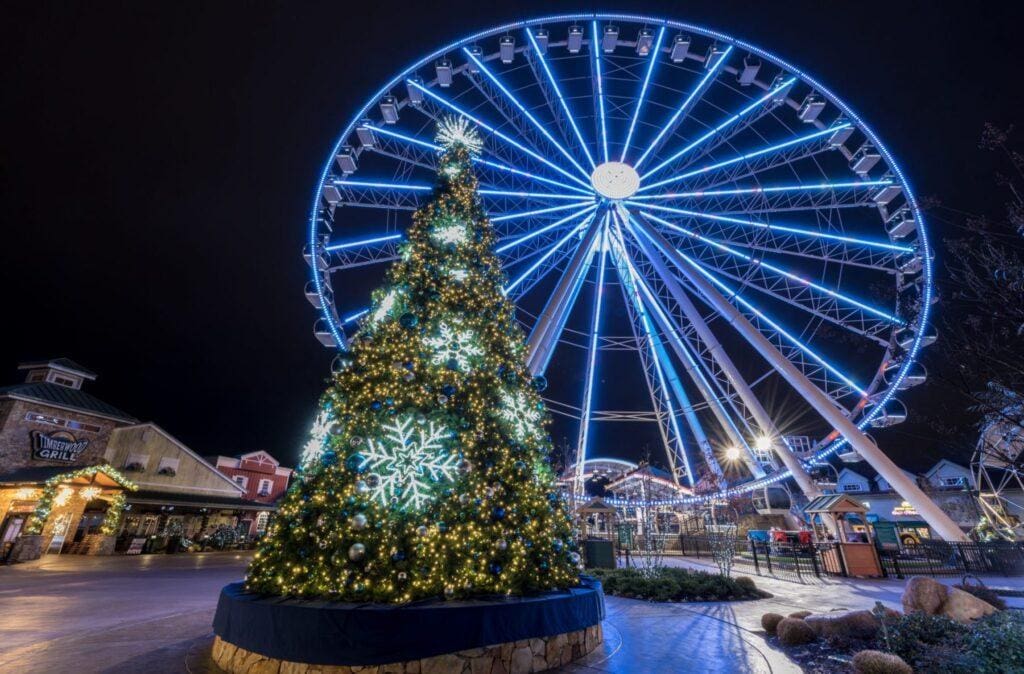 Winterfest at The Island in Pigeon Forge Tennessee. Old Smoky Moonshine, Paula Dean's Restaurant, Timberwood Grill, Margaritaville, Ferris Wheel